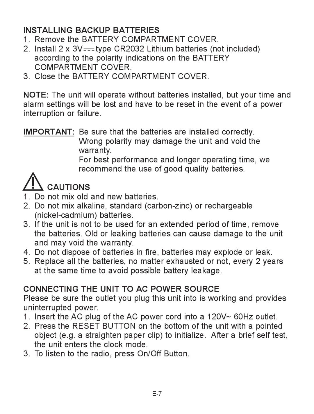 Jensen JCR-290 user manual Installing Backup Batteries, Connecting the Unit to AC Power Source 