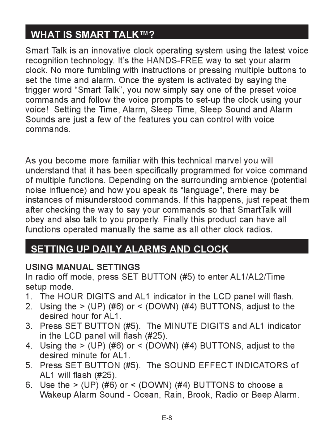 Jensen JCR-290 user manual What is Smart TALK?, Setting UP Daily Alarms and Clock, Using Manual Settings 