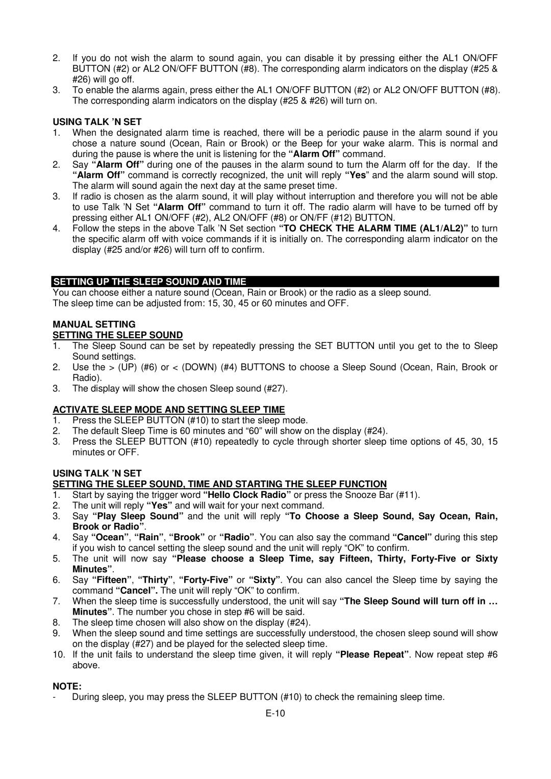 Jensen JCR-300 user manual Setting UP the Sleep Sound and Time, Manual Setting Setting the Sleep Sound 