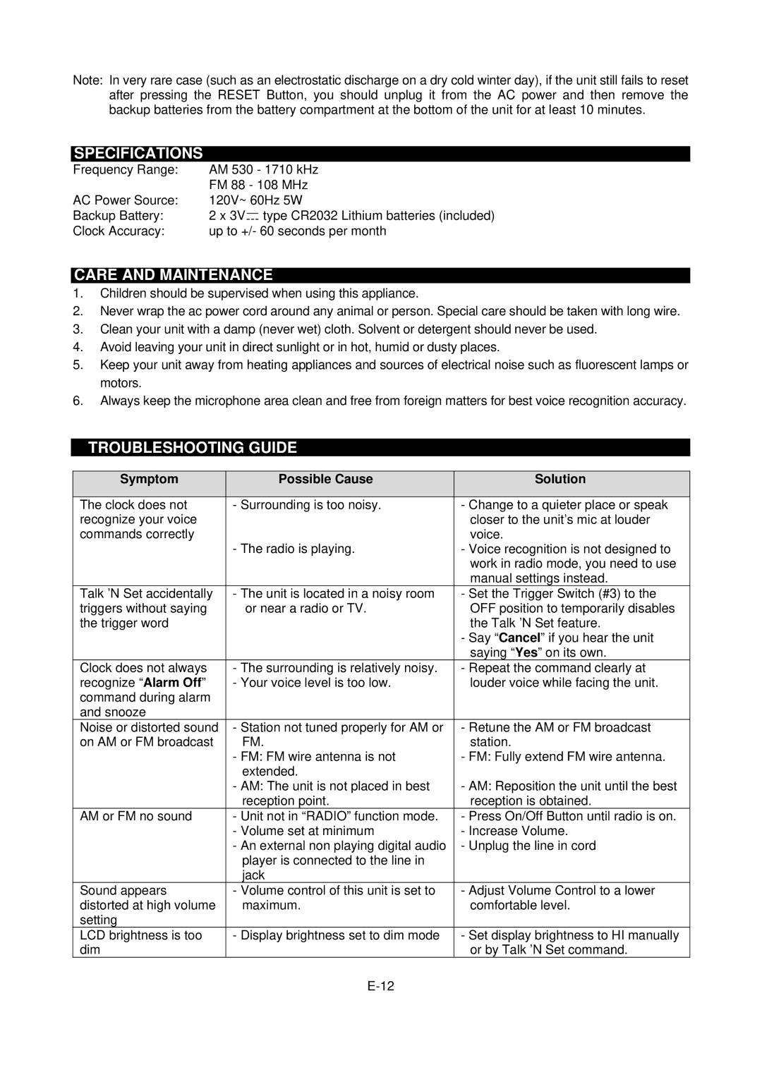 Jensen JCR-300 user manual Specifications, Care and Maintenance, Troubleshooting Guide, Symptom Possible Cause Solution 