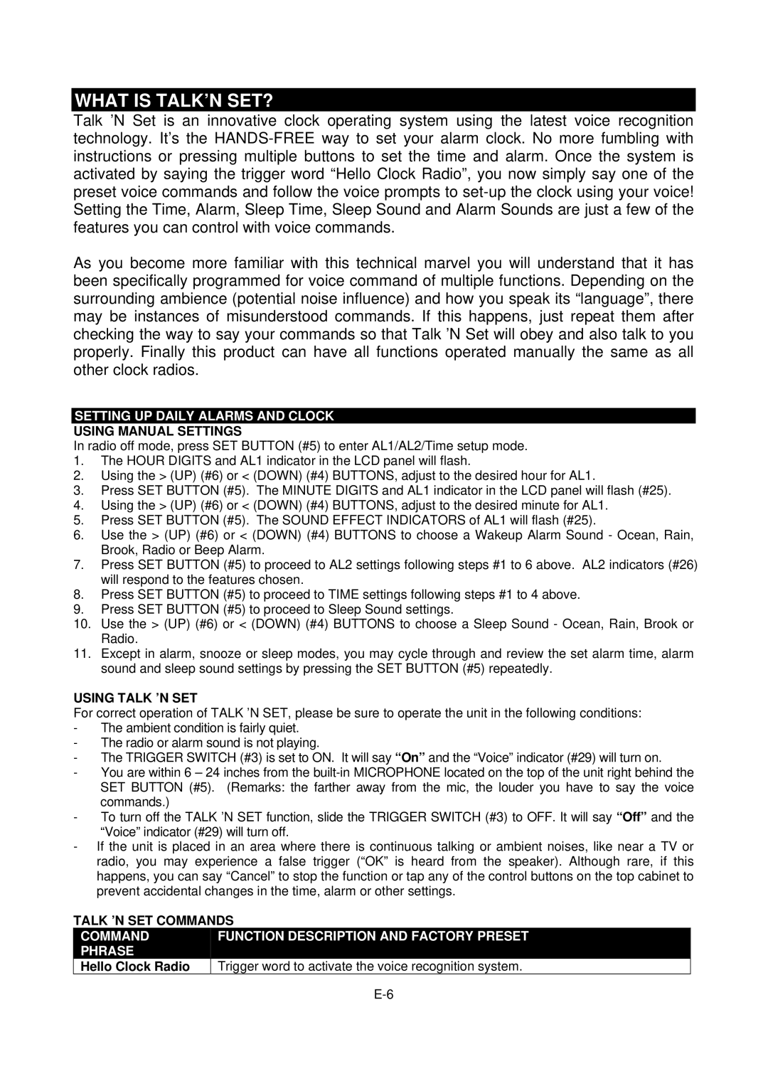 Jensen JCR-300 user manual Setting UP Daily Alarms and Clock, Using Manual Settings, Using Talk ’N SET 