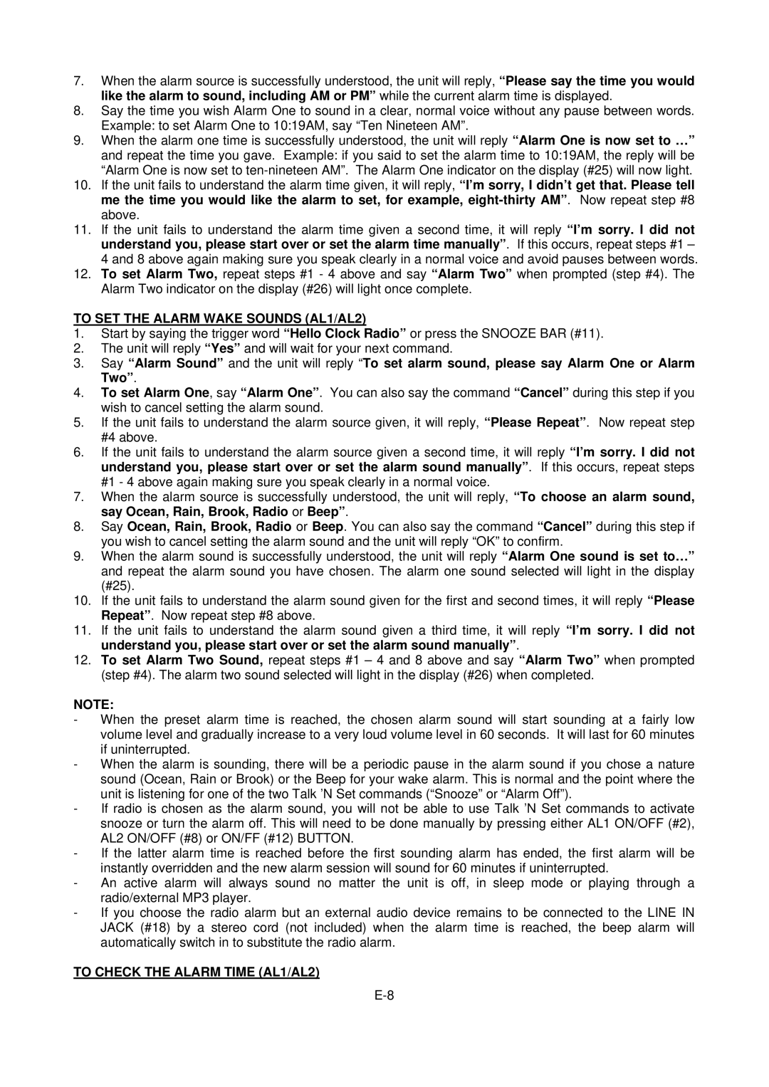 Jensen JCR-300 user manual To SET the Alarm Wake Sounds AL1/AL2, To Check the Alarm Time AL1/AL2 