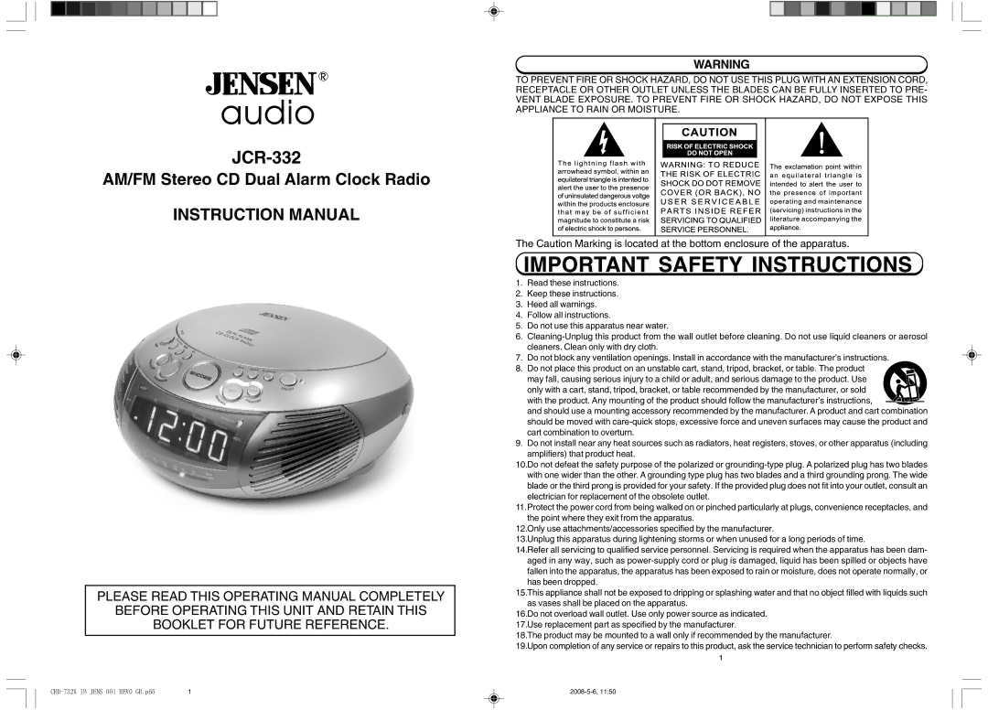 Jensen JCR-332 instruction manual Audio 