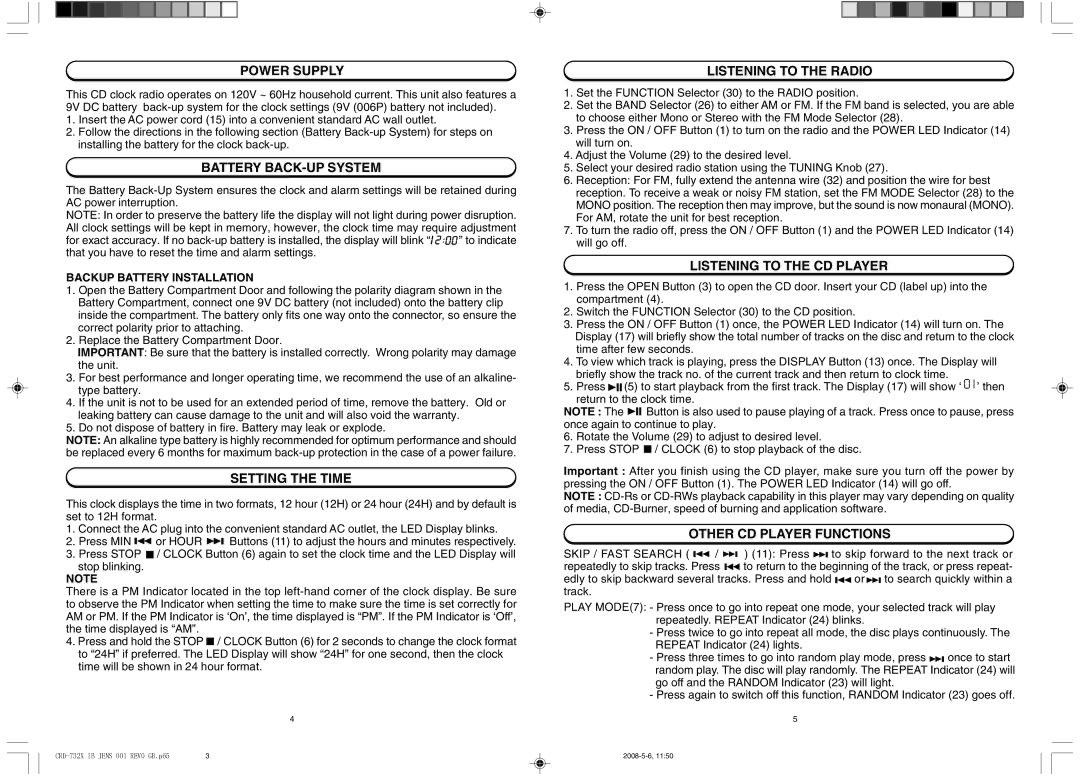 Jensen JCR-332 Power Supply, Battery BACK-UP System, Setting the Time, Listening to the Radio, Listening to the CD Player 