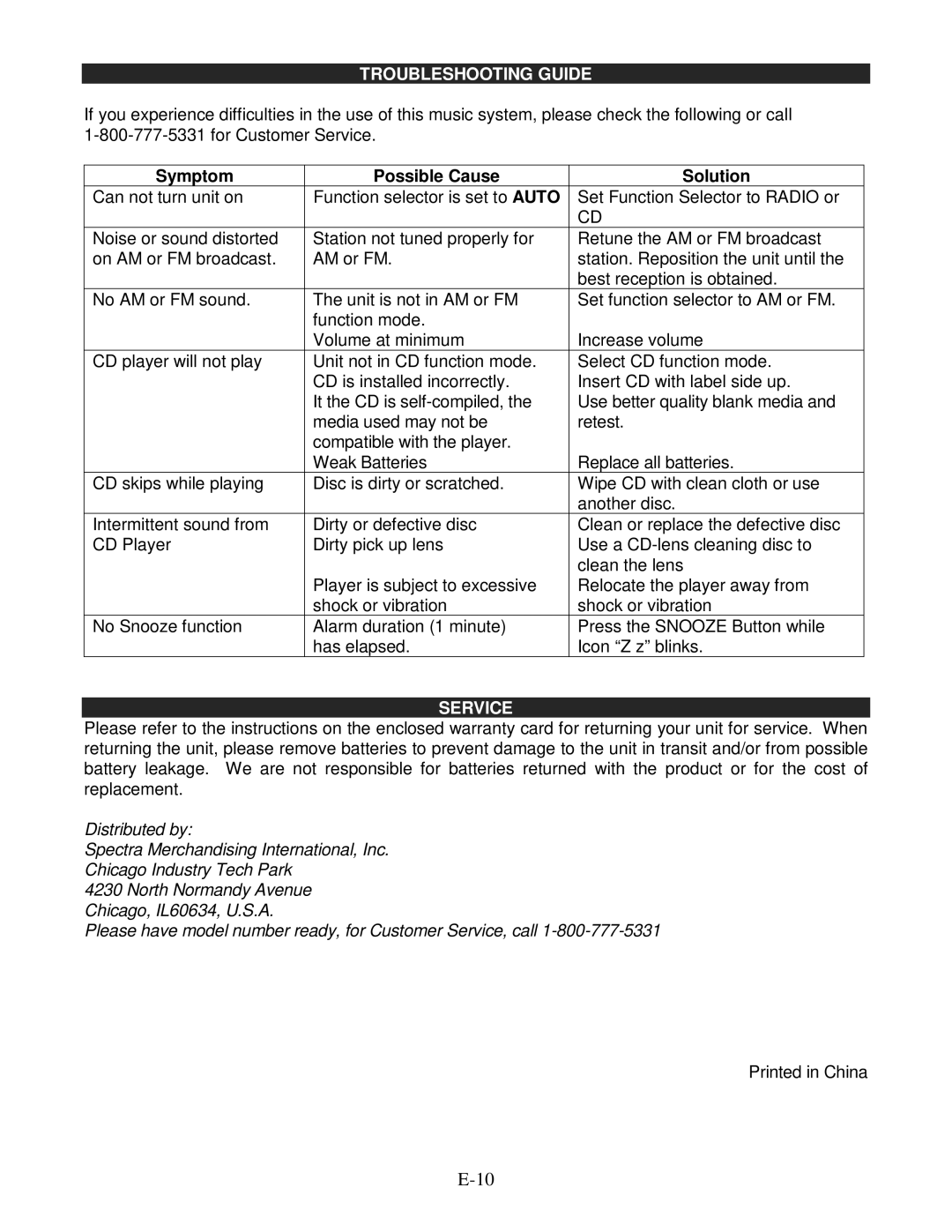 Jensen JCR-540 operating instructions Troubleshooting Guide, Service 