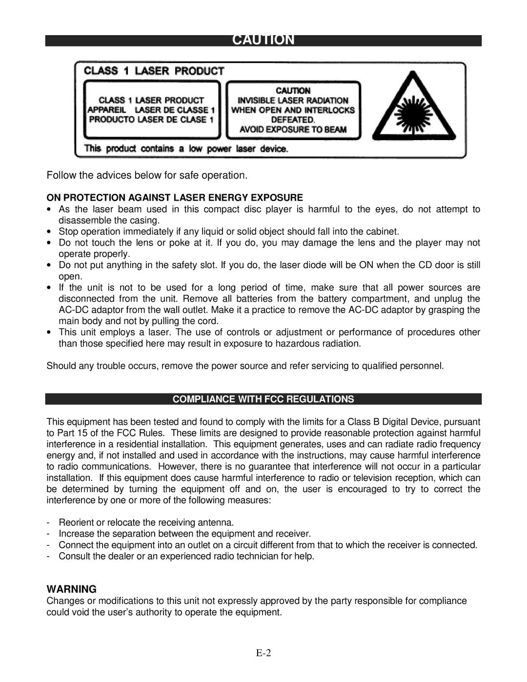 Jensen JCR-540 operating instructions On Protection Against Laser Energy Exposure, Compliance with FCC Regulations 