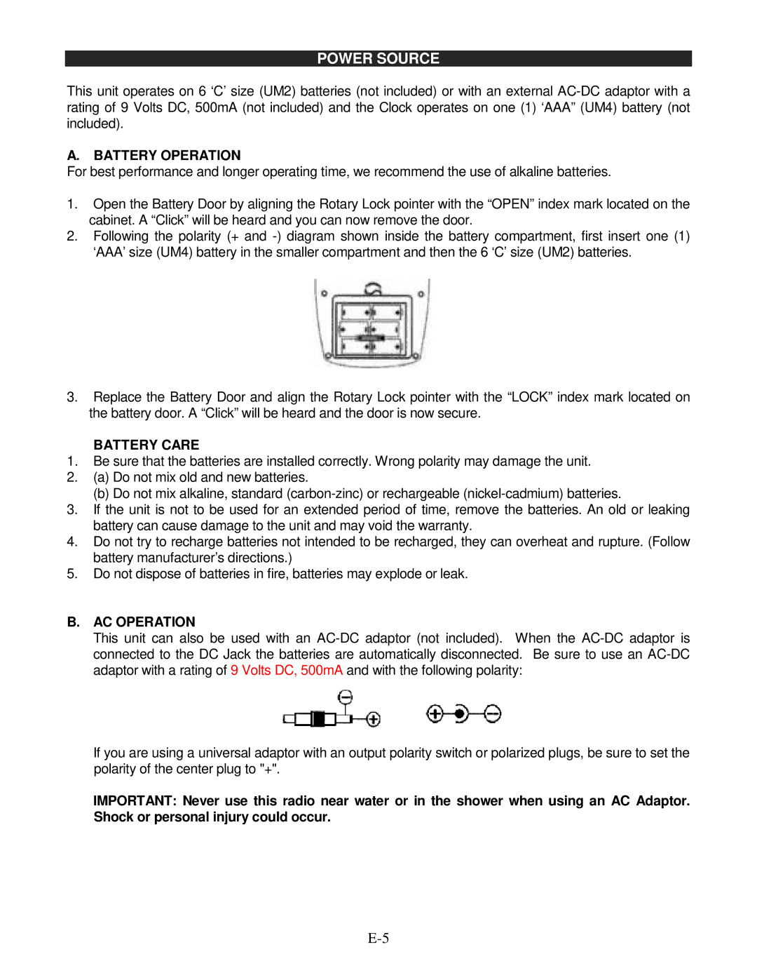 Jensen JCR-540 operating instructions Power Source, Battery Operation, Battery Care, AC Operation 