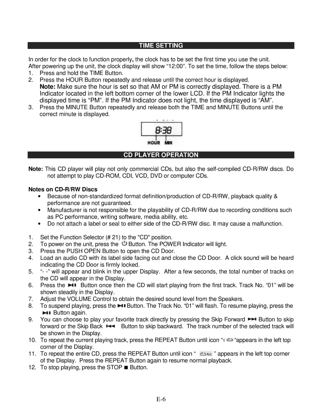 Jensen JCR-540 operating instructions Time Setting, CD Player Operation 