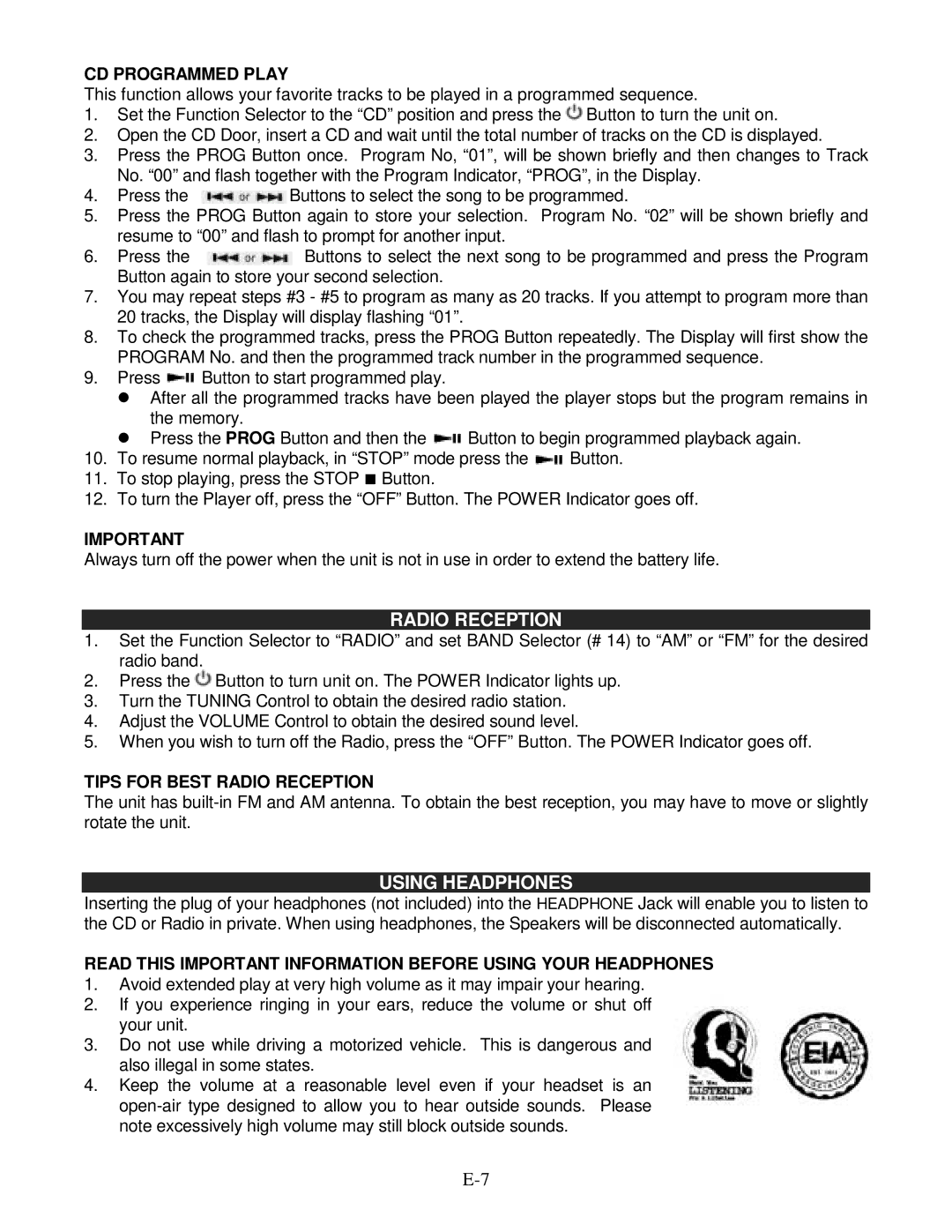 Jensen JCR-540 operating instructions Using Headphones, CD Programmed Play, Tips for Best Radio Reception 