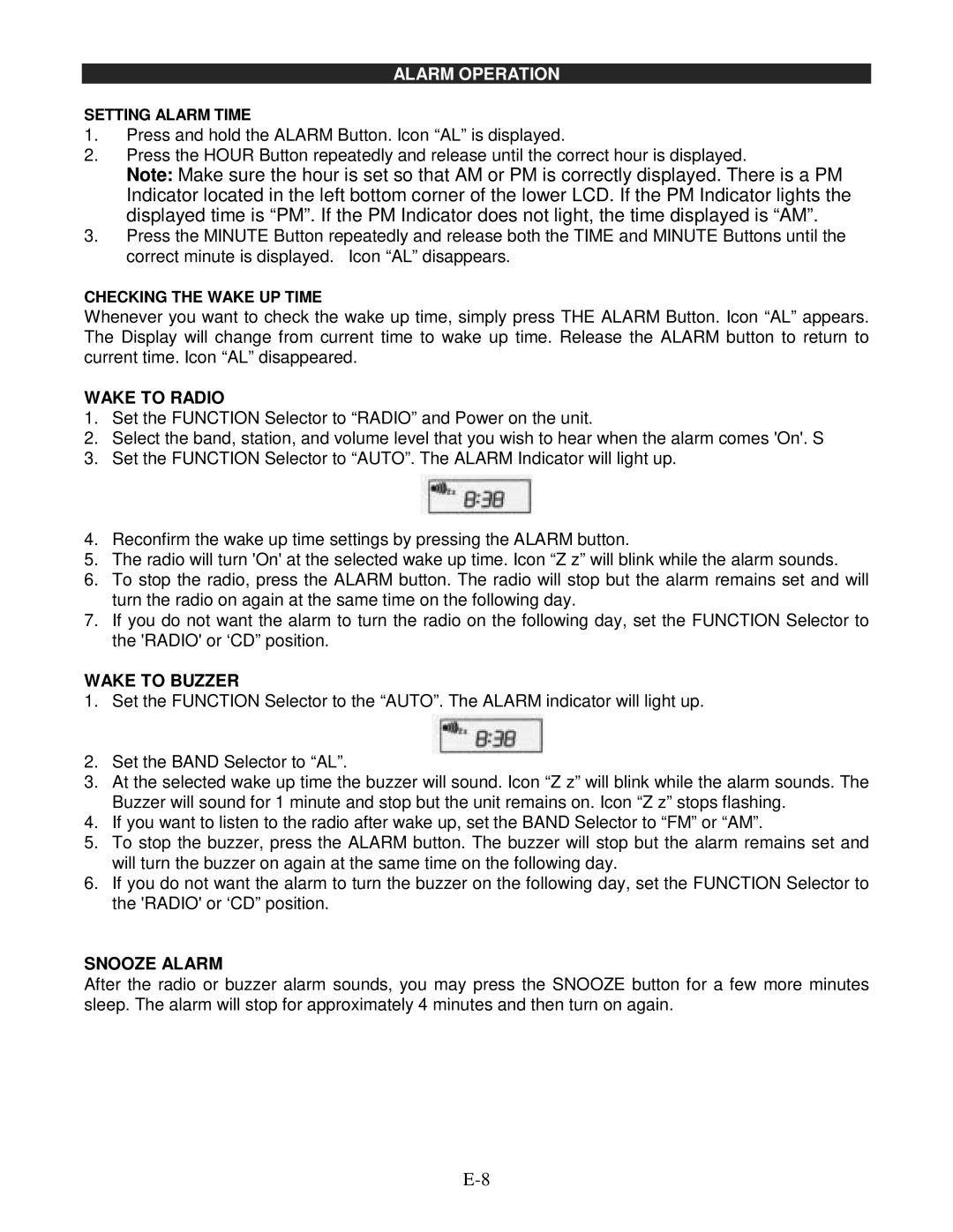 Jensen JCR-540 operating instructions Alarm Operation, Wake to Radio, Wake to Buzzer, Snooze Alarm 