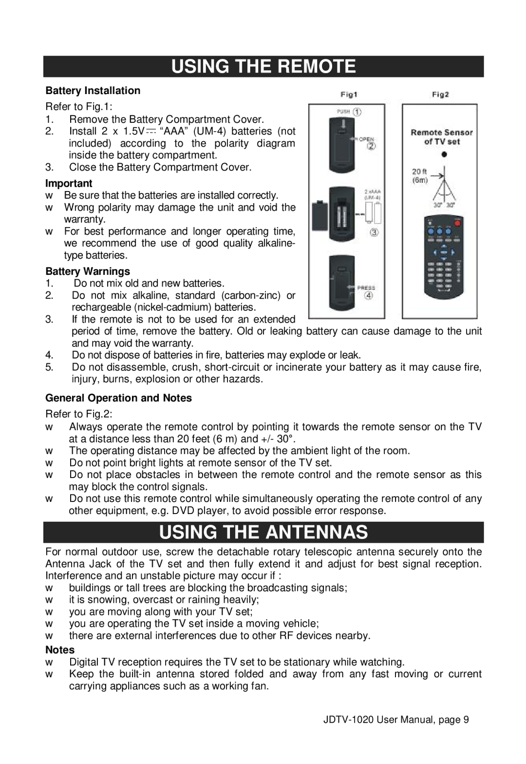 Jensen JDTV-1020 user manual Using the Remote, Using the Antennas, Battery Installation, General Operation and Notes 