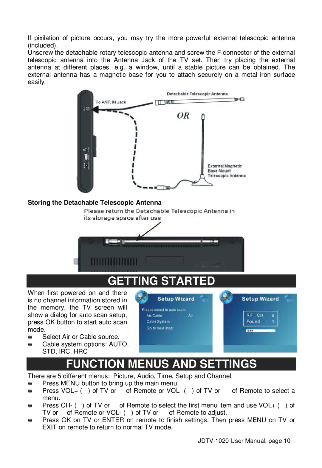 Jensen JDTV-1020 user manual Getting Started, Function Menus and Settings, Storing the Detachable Telescopic Antenna 