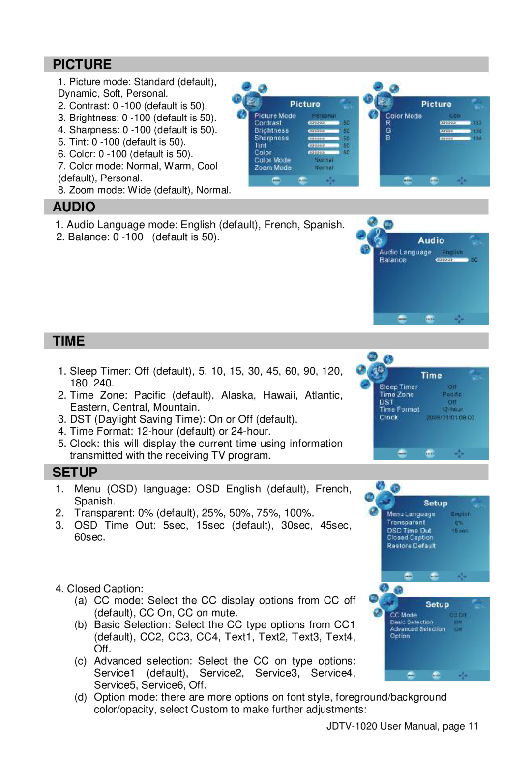 Jensen JDTV-1020 user manual Picture, Audio, Time, Setup 