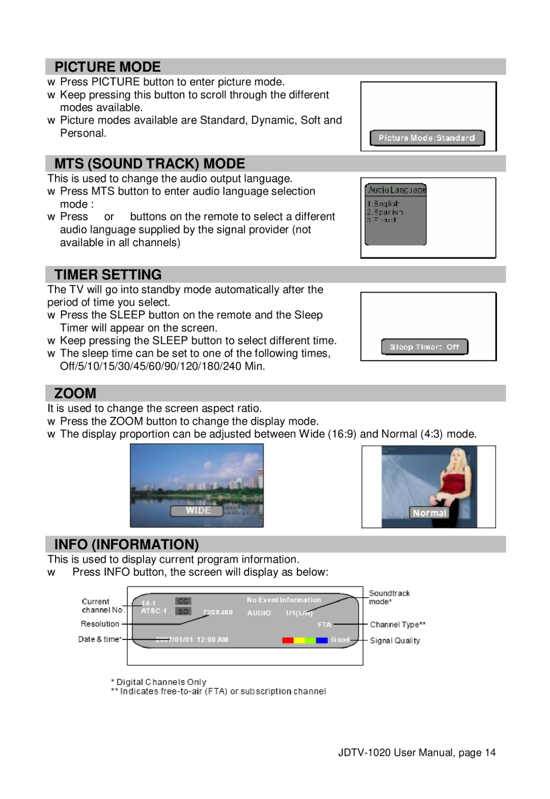 Jensen JDTV-1020 user manual Picture Mode, MTS Sound Track Mode, Timer Setting, Zoom, Info Information 