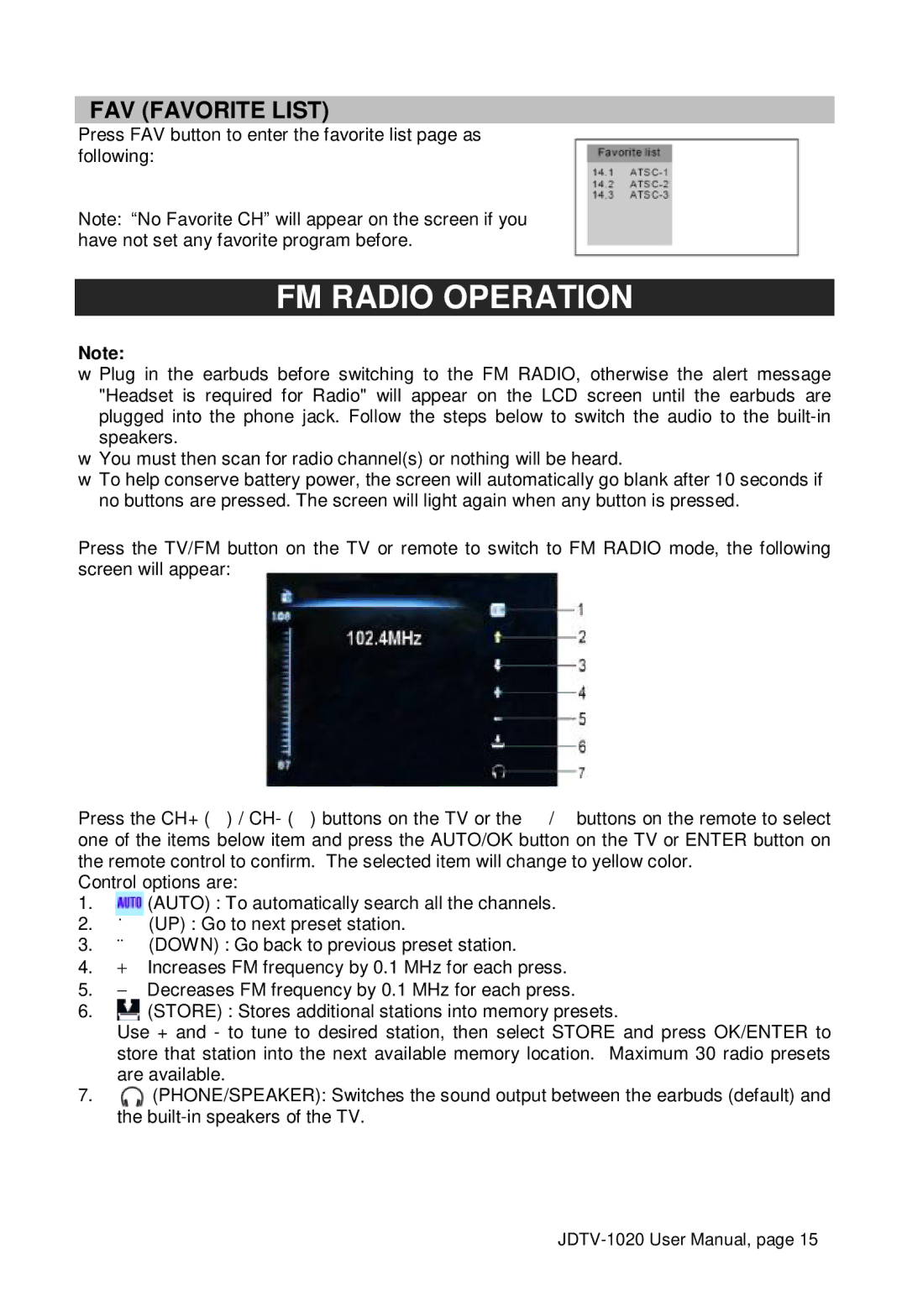 Jensen JDTV-1020 user manual FM Radio Operation, FAV Favorite List 