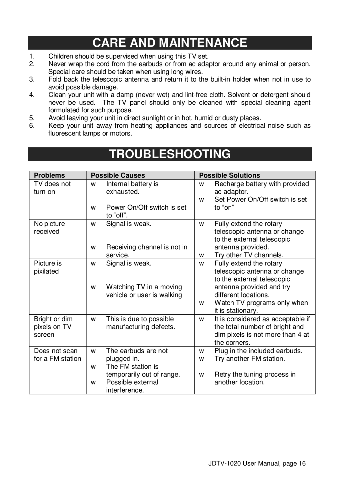 Jensen JDTV-1020 user manual Care and Maintenance, Troubleshooting, Problems Possible Causes Possible Solutions 