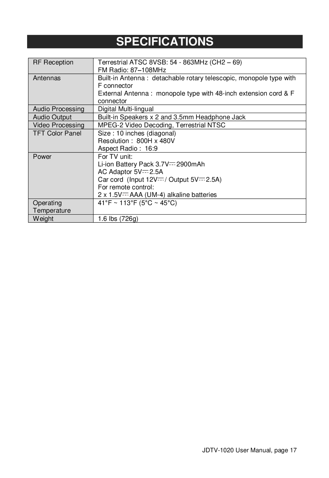 Jensen JDTV-1020 user manual Specifications 