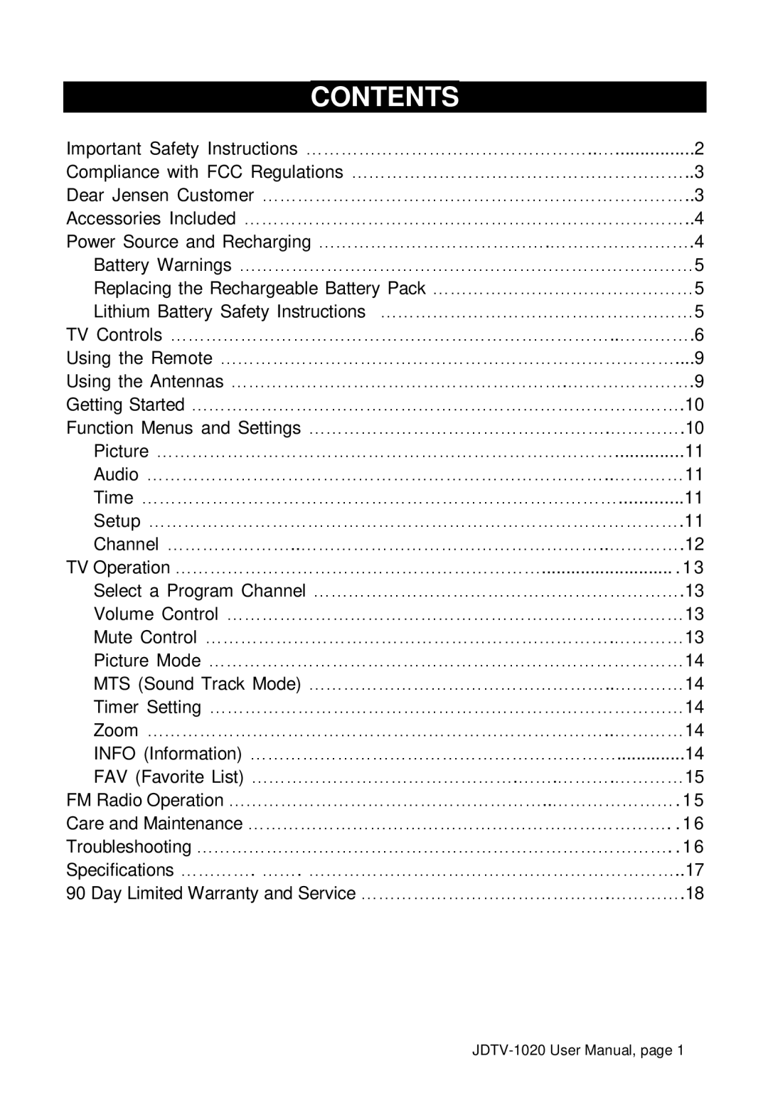 Jensen JDTV-1020 user manual Contents 