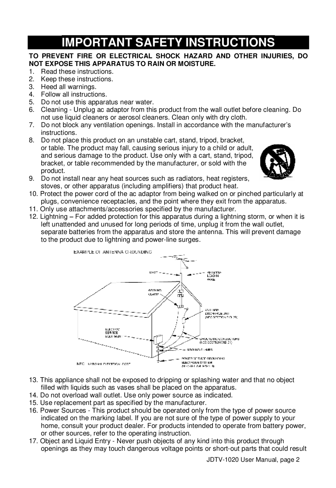 Jensen JDTV-1020 user manual Important Safety Instructions 