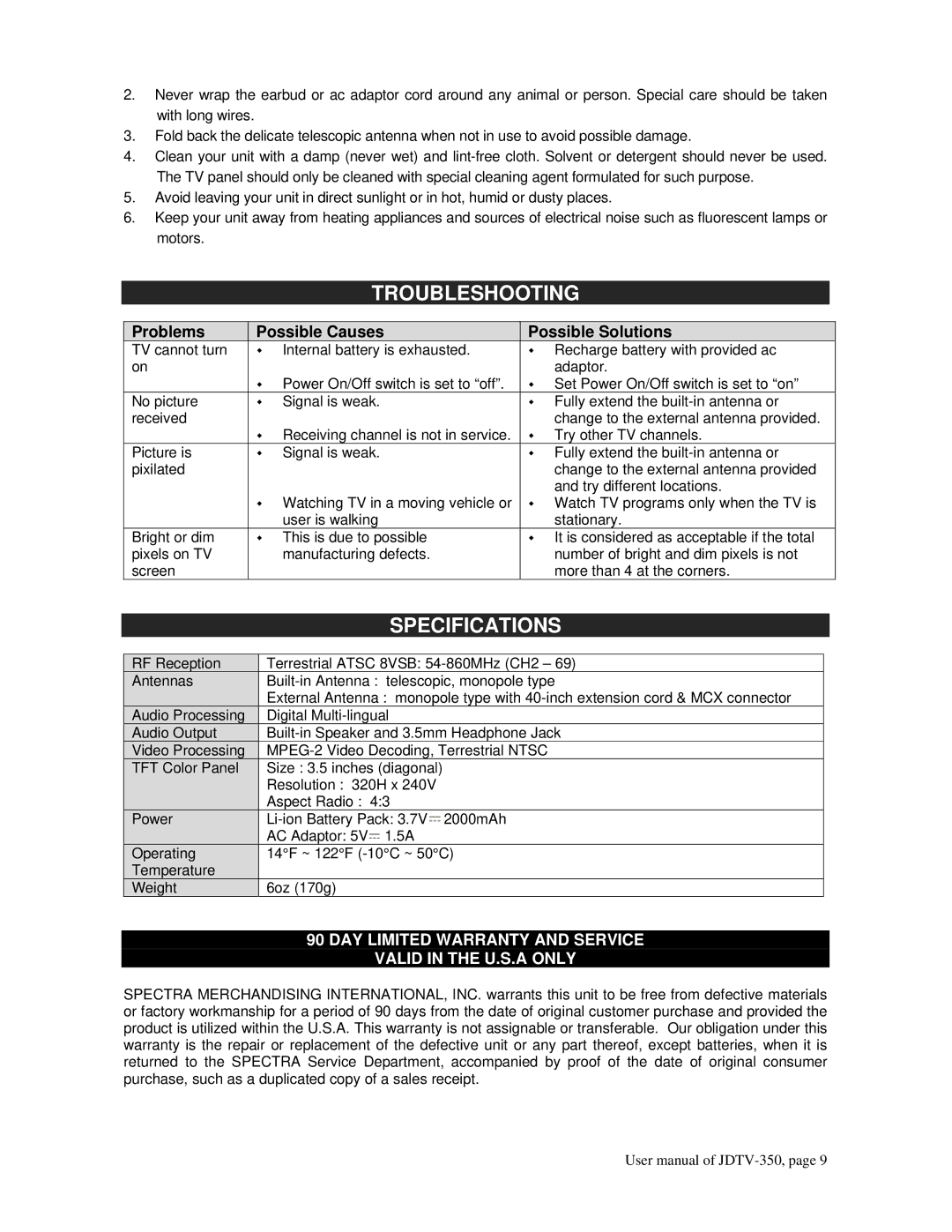 Jensen JDTV-350 user manual Troubleshooting, Specifications 