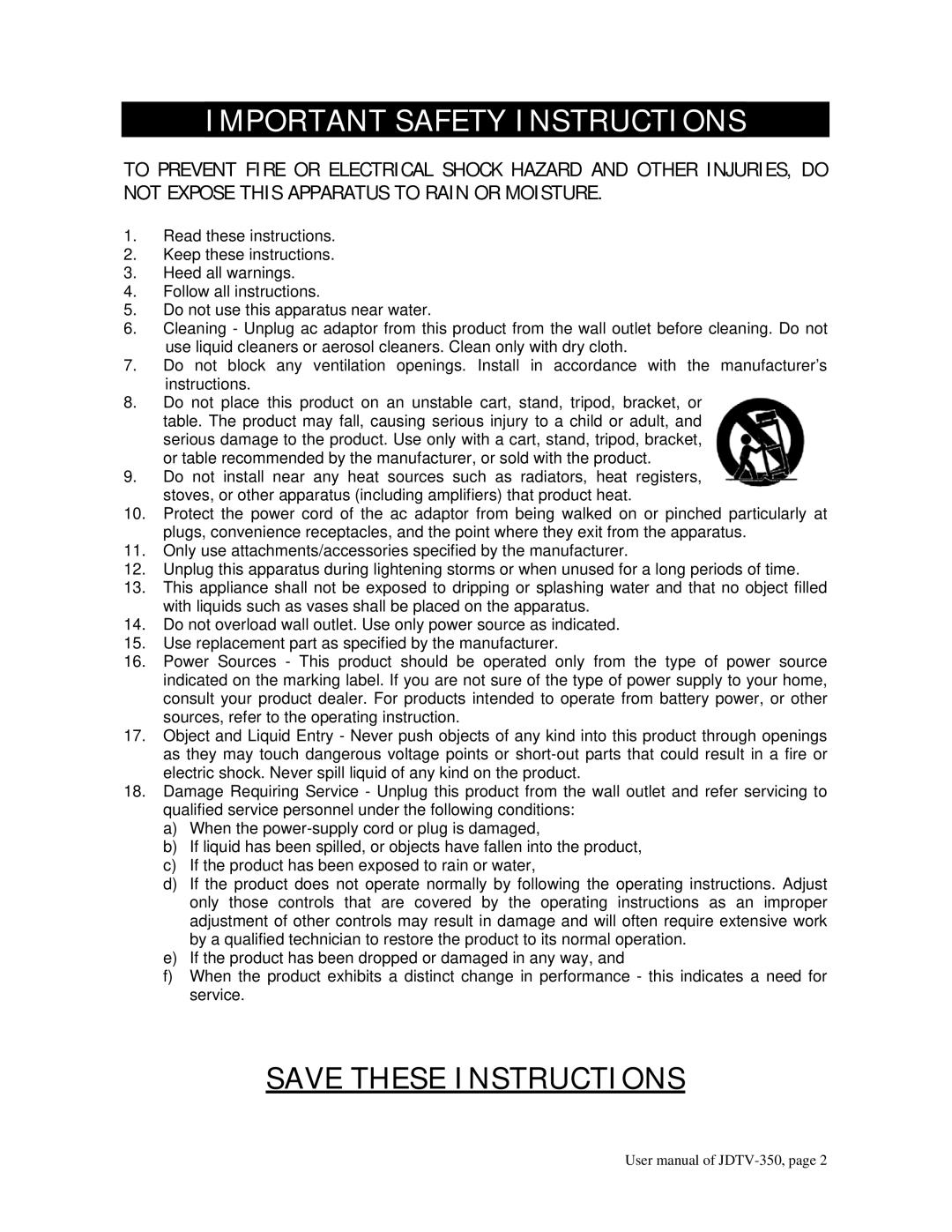 Jensen JDTV-350 user manual Important Safety Instructions 