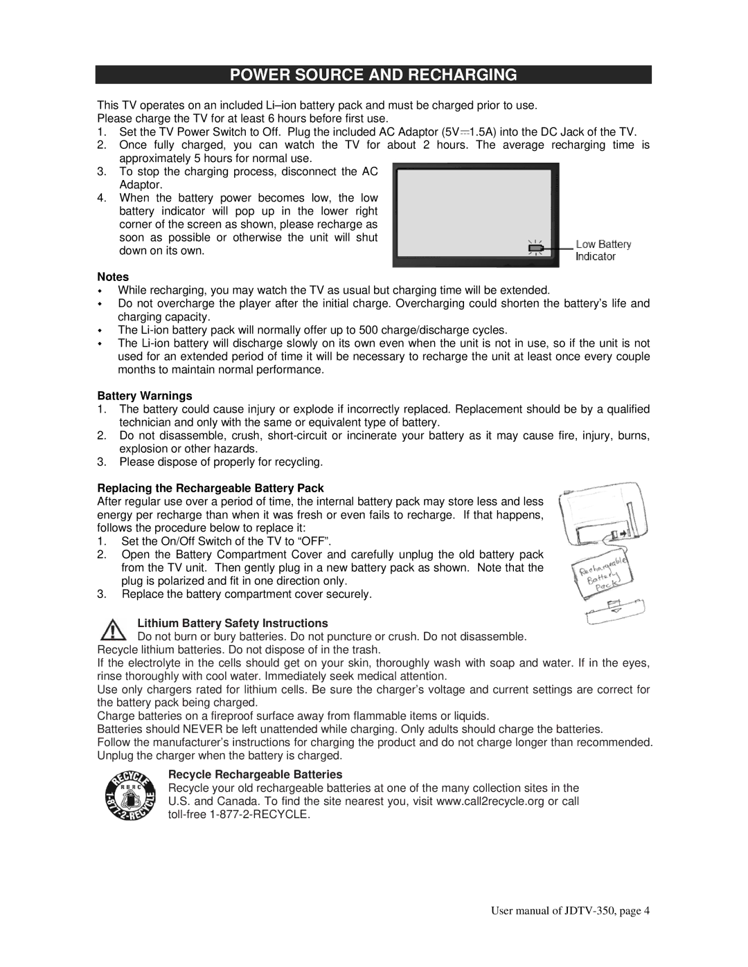 Jensen JDTV-350 user manual Power Source and Recharging, Battery Warnings 