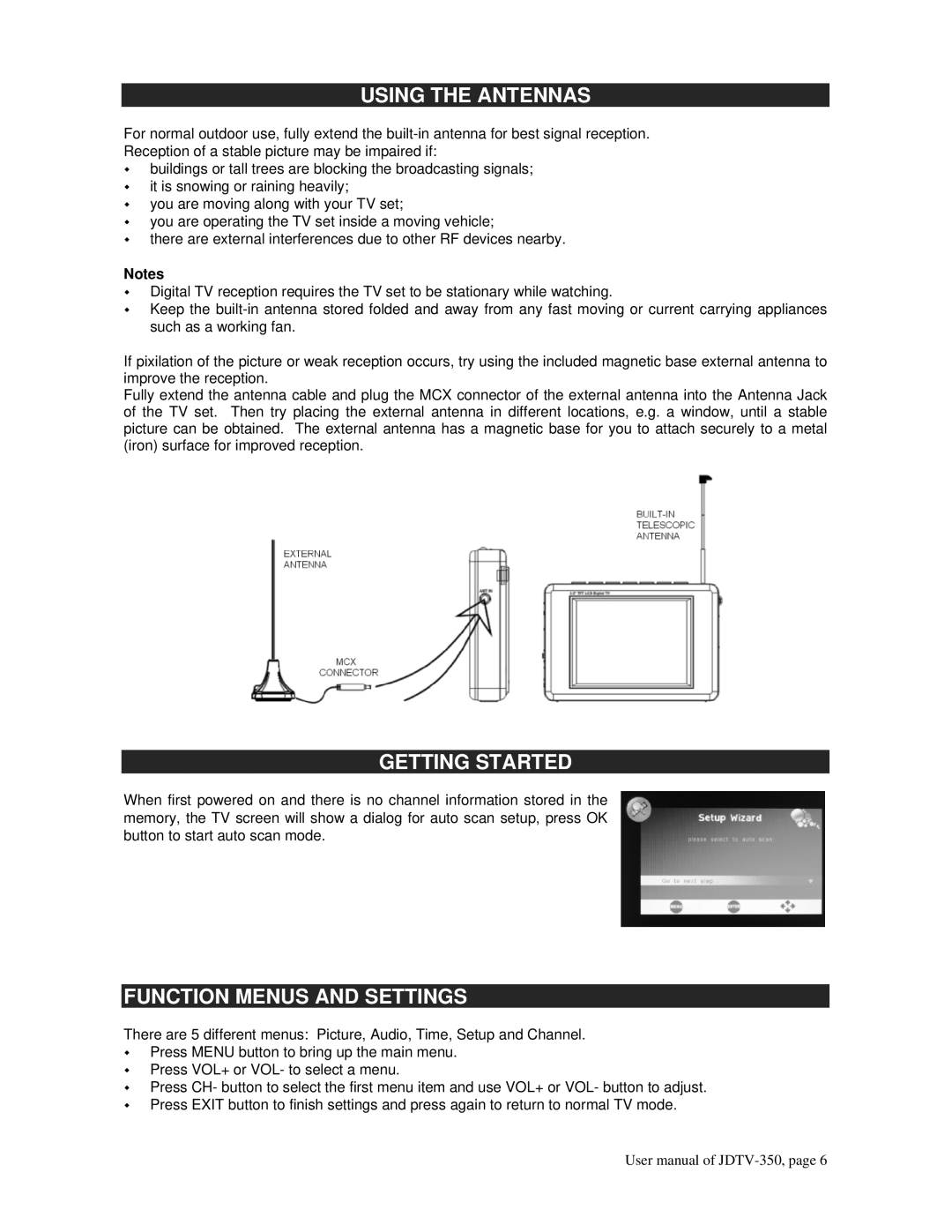 Jensen JDTV-350 user manual Using the Antennas, Getting Started, Function Menus and Settings 