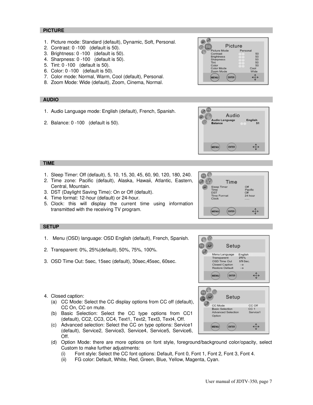 Jensen JDTV-350 user manual Audio 