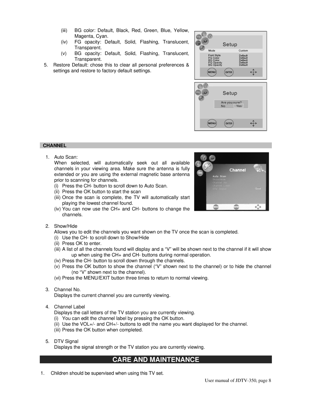 Jensen JDTV-350 user manual Care and Maintenance, Channel 