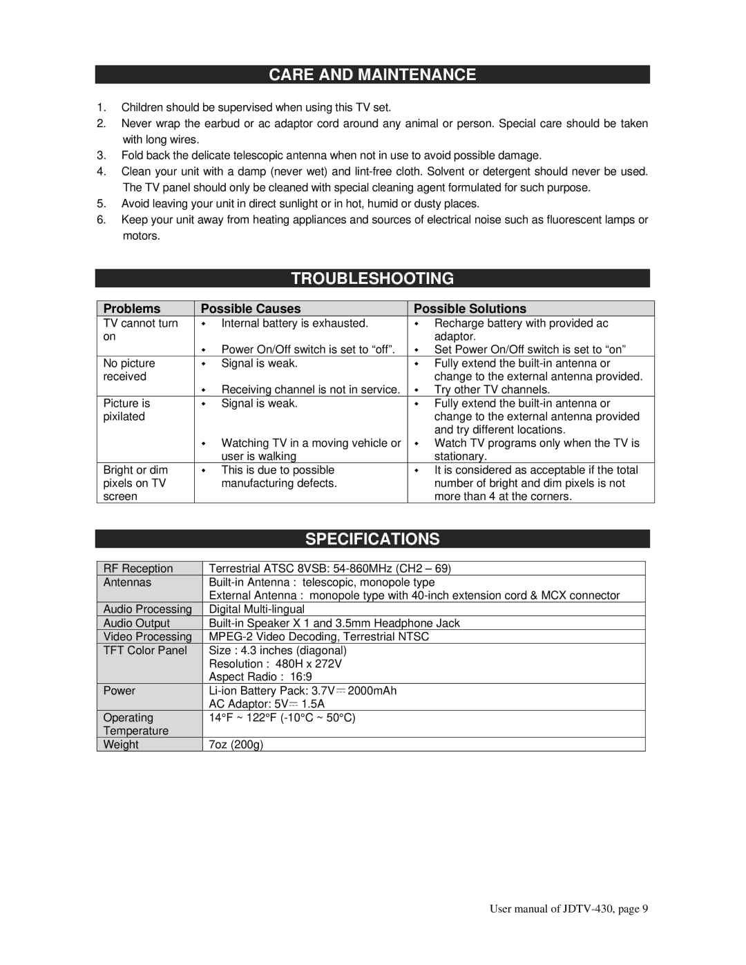 Jensen JDTV-430 user manual Care and Maintenance, Troubleshooting, Specifications 