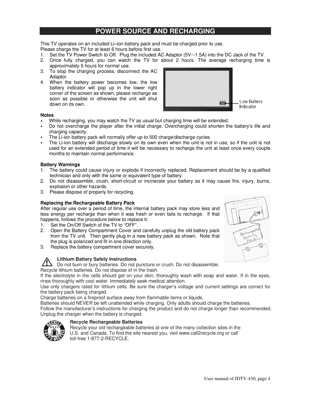 Jensen JDTV-430 user manual Power Source and Recharging, Battery Warnings 