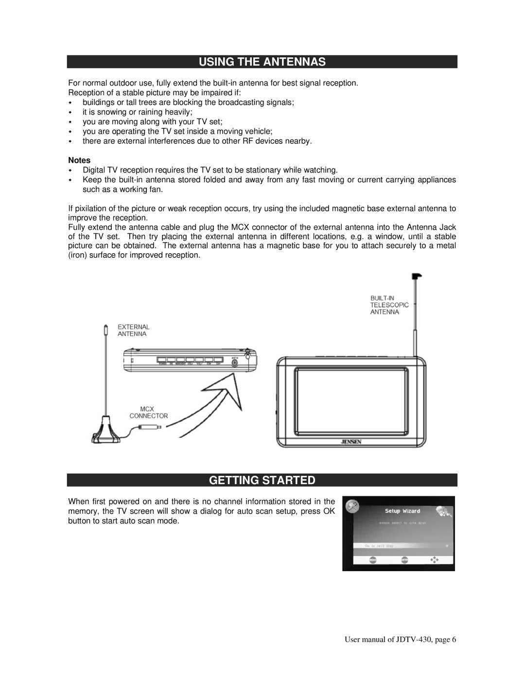 Jensen JDTV-430 user manual Using the Antennas, Getting Started 