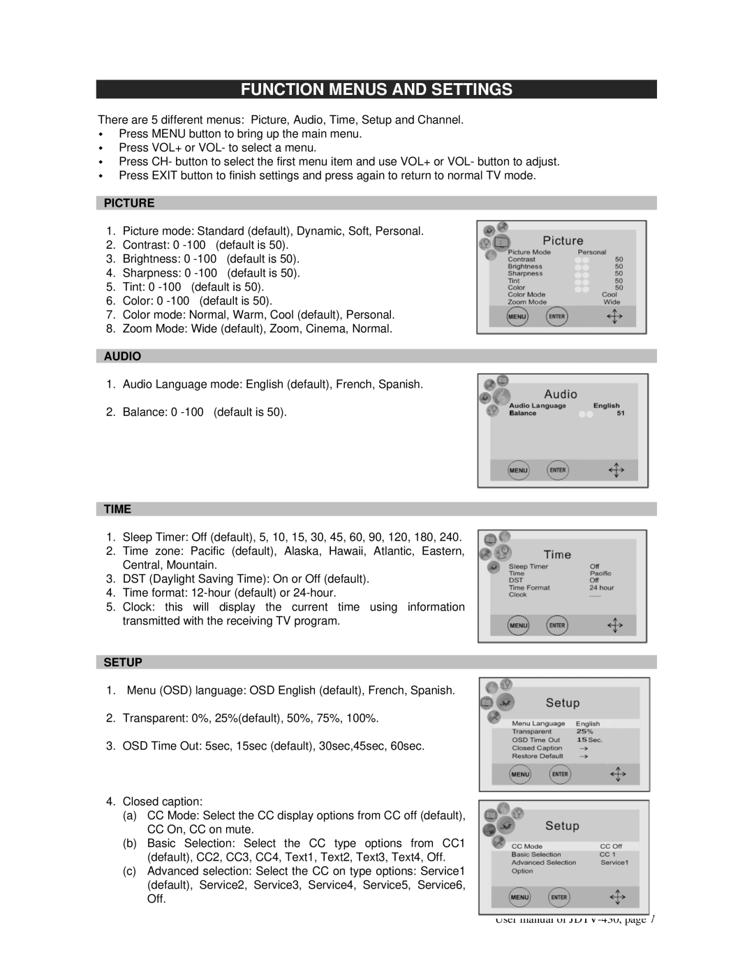 Jensen JDTV-430 user manual Function Menus and Settings, Picture 