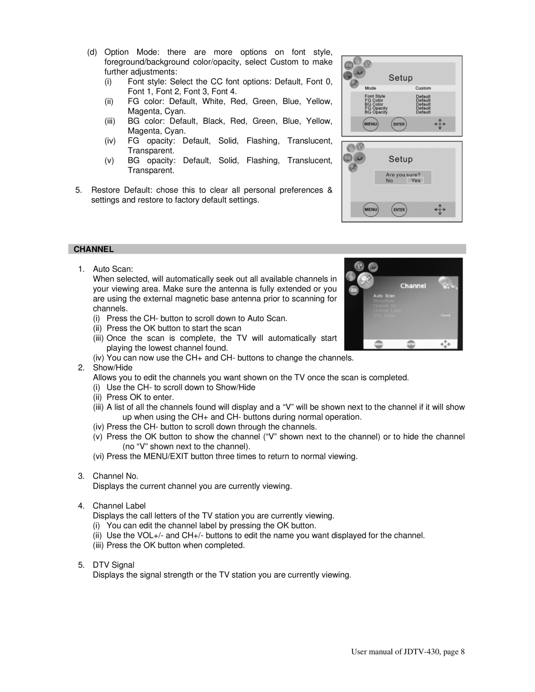 Jensen JDTV-430 user manual Channel 