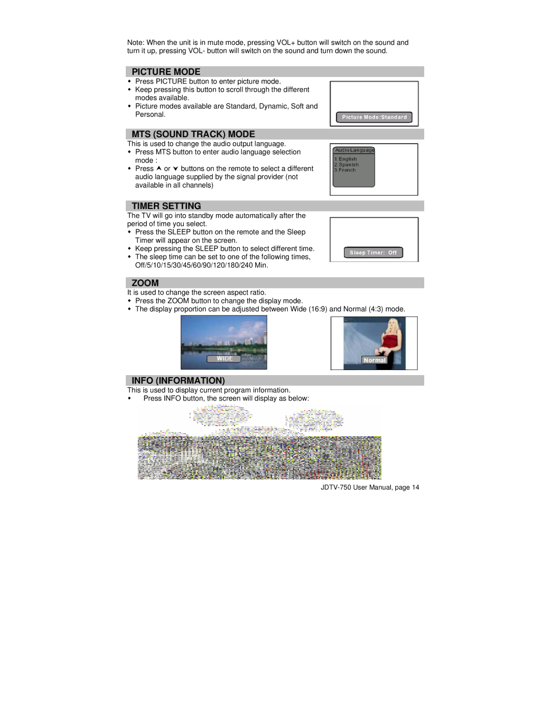 Jensen JDTV-750 user manual Picture Mode, MTS Sound Track Mode, Timer Setting, Zoom, Info Information 