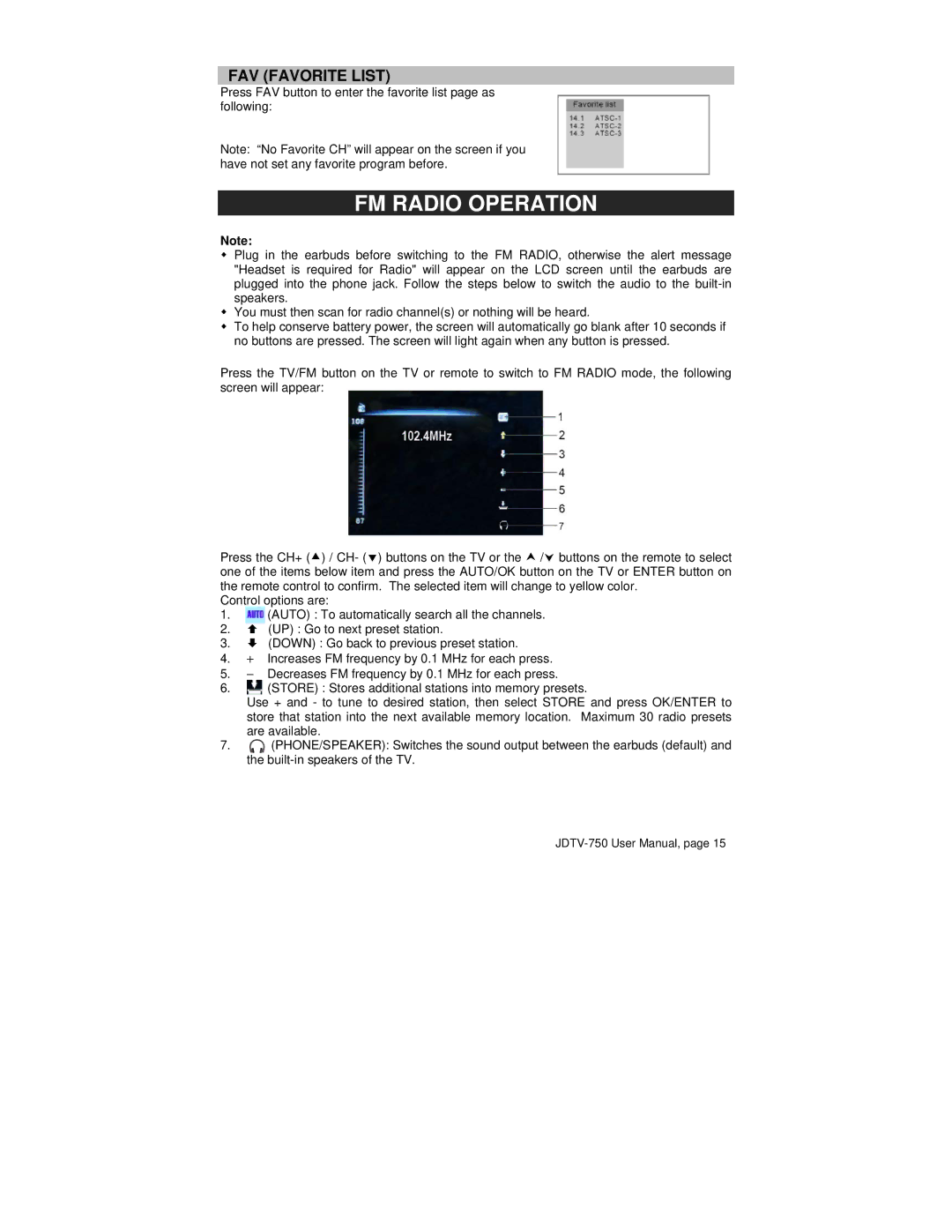 Jensen JDTV-750 user manual FM Radio Operation, FAV Favorite List 