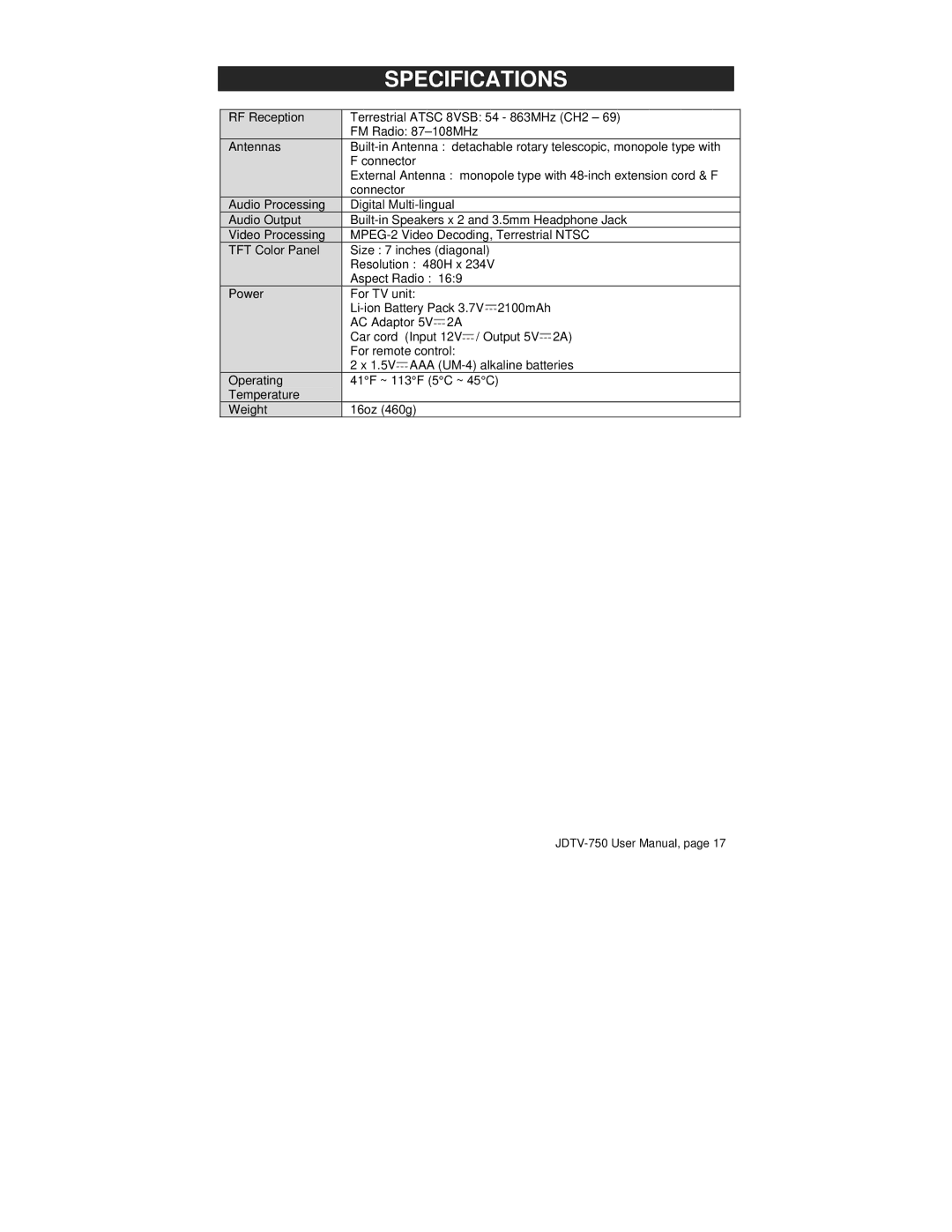 Jensen JDTV-750 user manual Specifications 