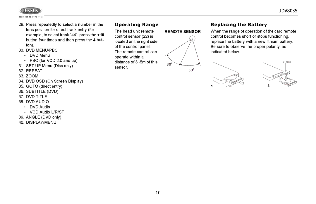 Jensen JDV8035 operation manual Operating Range Replacing the Battery, Goto direct entry 