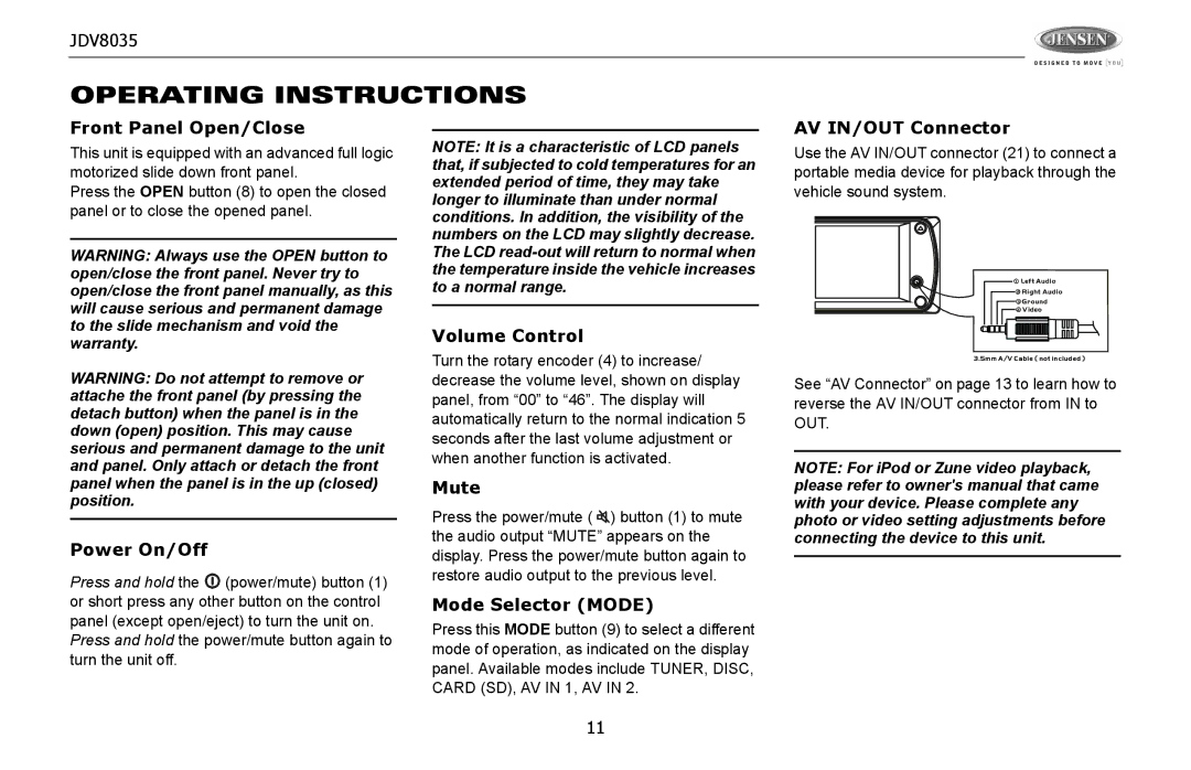 Jensen JDV8035 operation manual Operating Instructions 