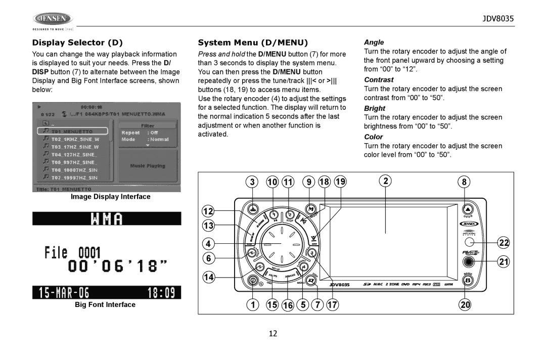 Jensen JDV8035 operation manual Display Selector D, System Menu D/MENU 