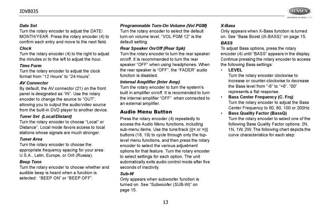 Jensen JDV8035 operation manual Audio Menu Button 