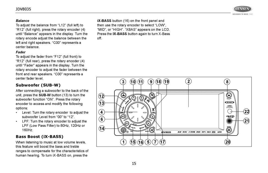 Jensen JDV8035 operation manual Subwoofer SUB-W, Bass Boost iX-BASS, Balance, Fader 