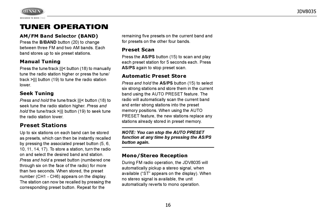 Jensen JDV8035 operation manual Tuner Operation 