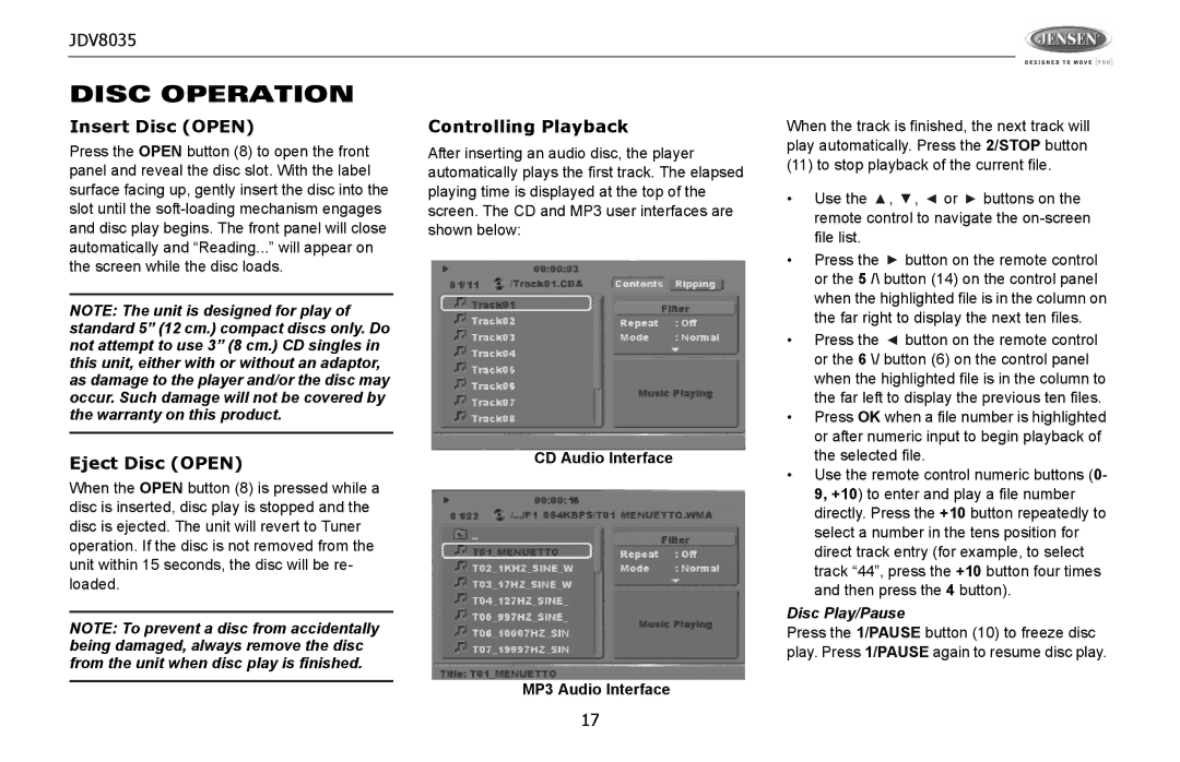 Jensen JDV8035 operation manual Disc Operation, Insert Disc Open, Eject Disc Open, Controlling Playback, Disc Play/Pause 