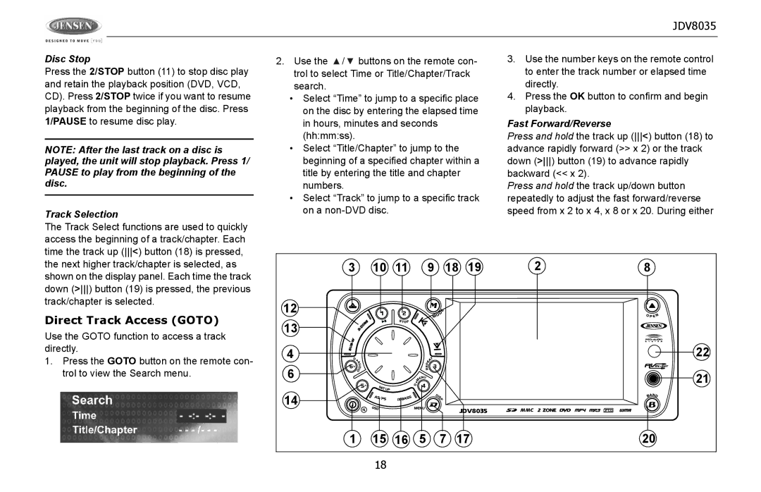 Jensen JDV8035 operation manual Direct Track Access Goto, Disc Stop, Track Selection, Fast Forward/Reverse 