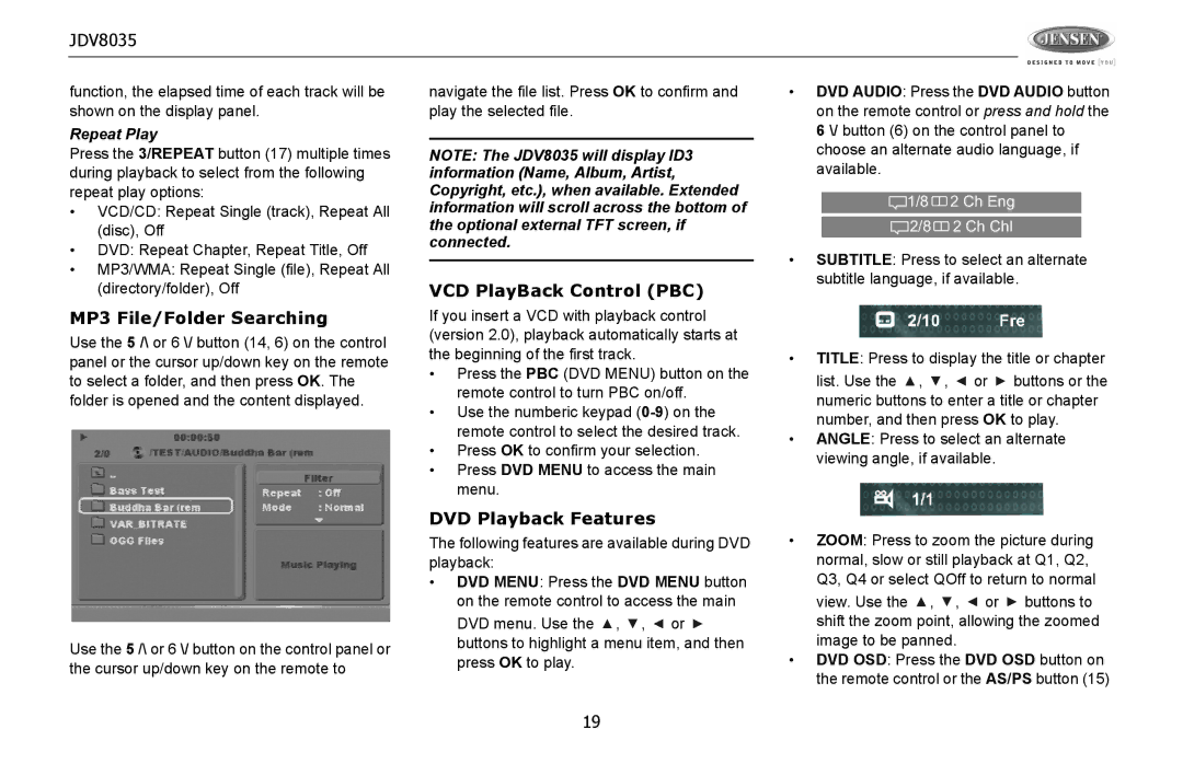 Jensen JDV8035 operation manual MP3 File/Folder Searching, VCD PlayBack Control PBC, DVD Playback Features, Repeat Play 