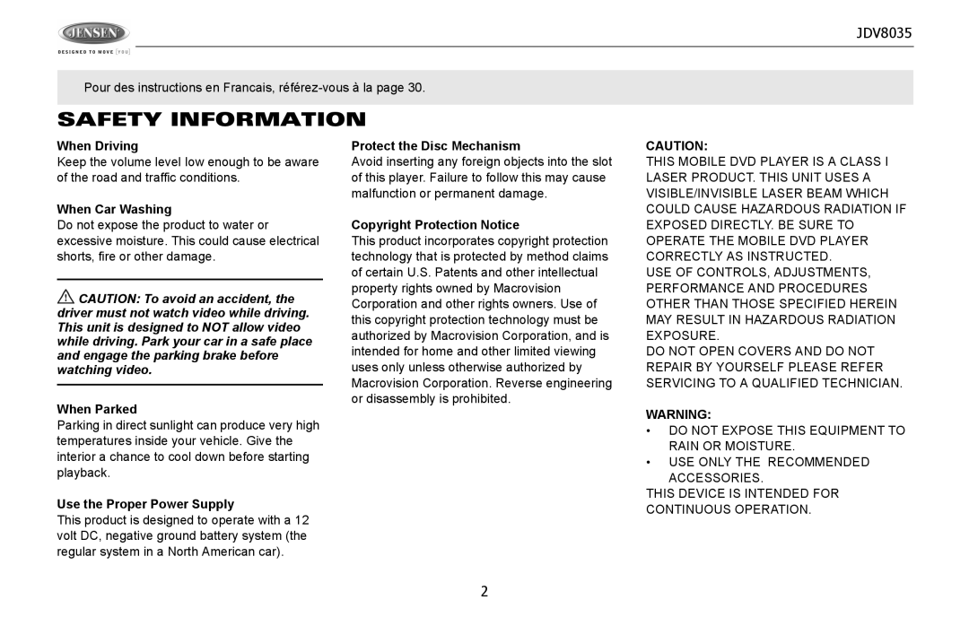 Jensen JDV8035 operation manual Safety Information 