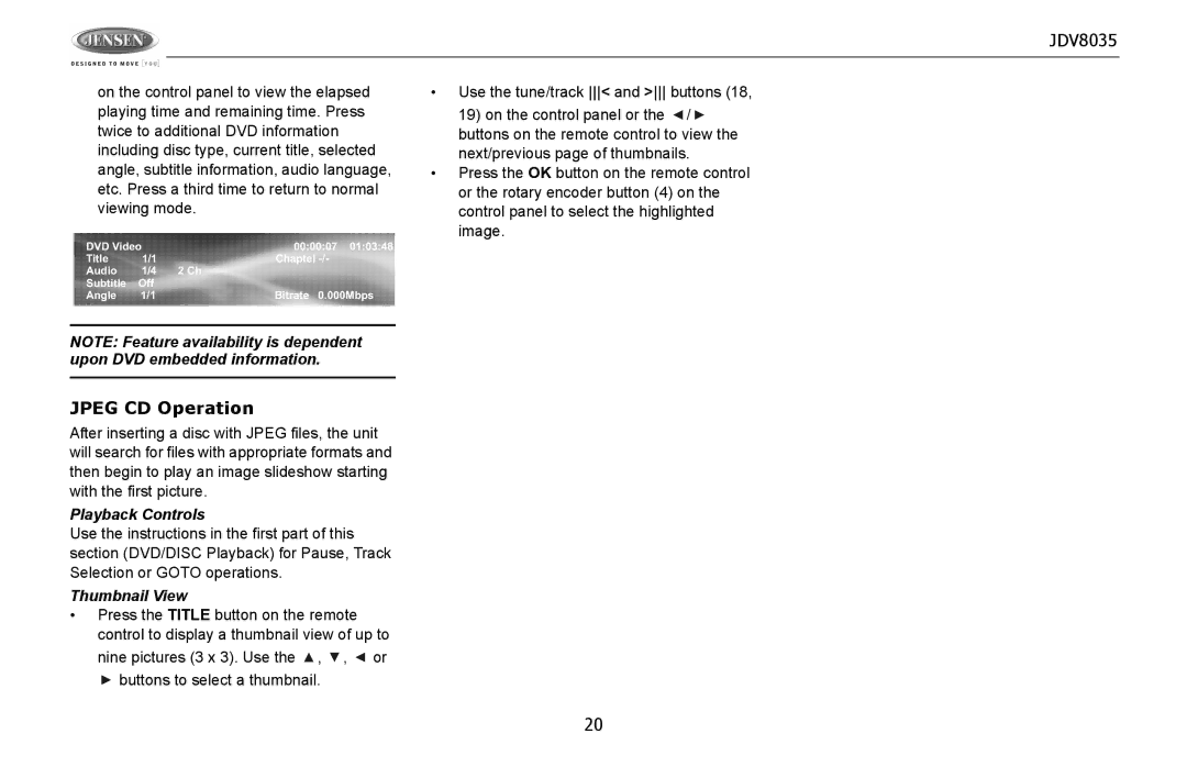 Jensen JDV8035 operation manual Jpeg CD Operation, Playback Controls, Thumbnail View 