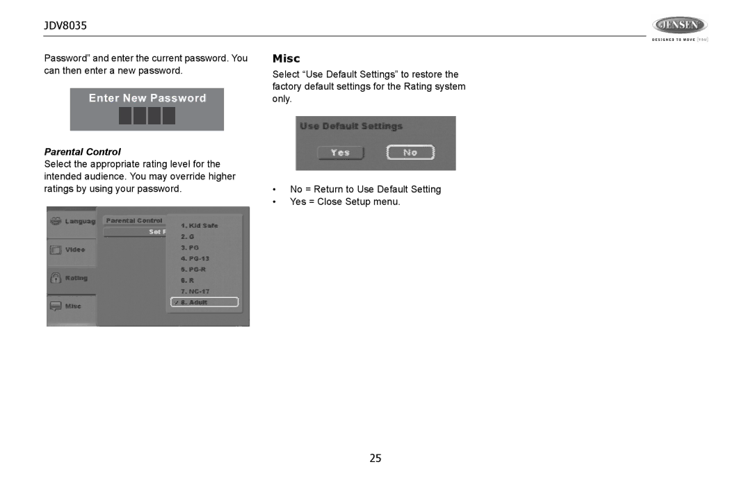 Jensen JDV8035 operation manual Misc, Parental Control 