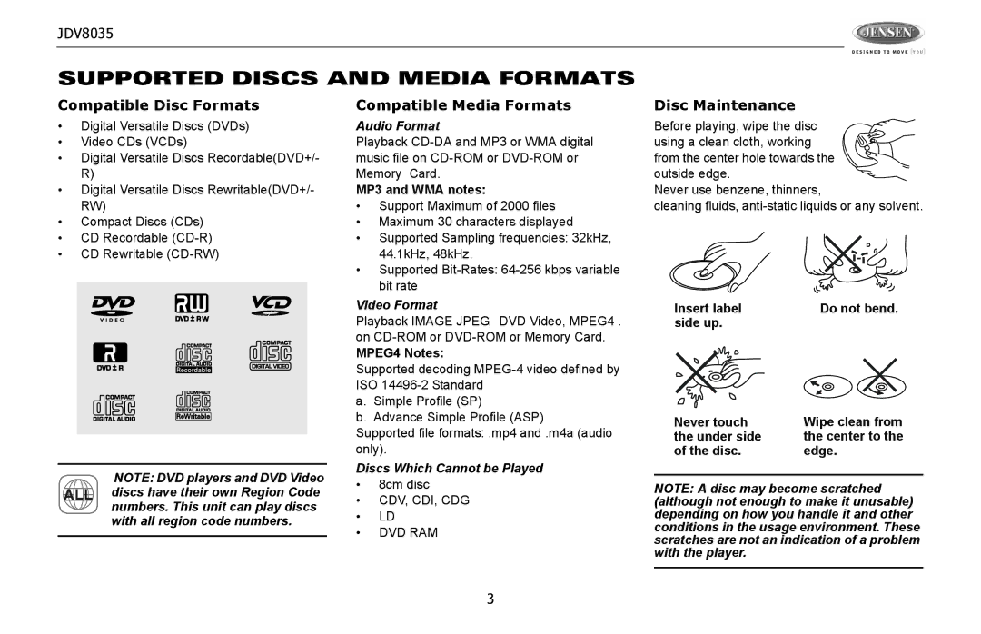 Jensen JDV8035 Supported Discs and Media Formats, Compatible Disc Formats, Compatible Media Formats, Disc Maintenance 